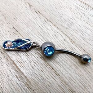 🍭4/$20 Blue glitter sandal flip flop flower jewel silver belly button ring